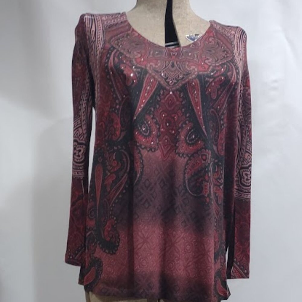 TRUE SELF MAROON BLACK ROSE PAISLEY LONG BELL SLEEVE TOP RHINESTONE ACCENTS 2X